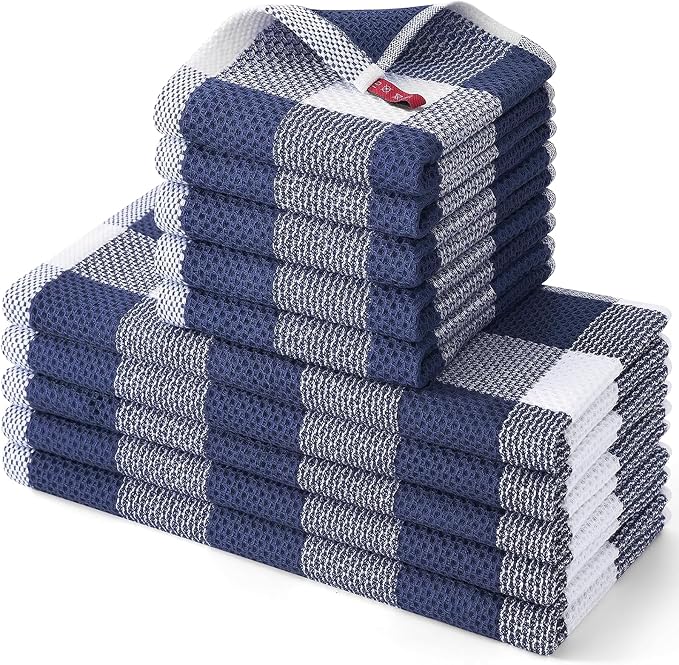 Homaxy Kitchen Towels and Dishcloths Set, Set of 10, White & Navy Blue | Bulk Cotton Waffle Weave Check Plaid Kitchen Towels, Super Soft and Absorbent Dish Cloths, 12 x 12 and 13 x 28 Inches by Homaxy