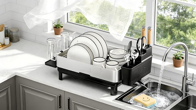 Dish Drying Rack, 304 Stainless Steel Dish Racks for Kitchen Counter | Dish Drainers with Automatic Drainage, Utensil Holder & Cups Holder, Space Saving Kitchen Organizer, Black - Image 9