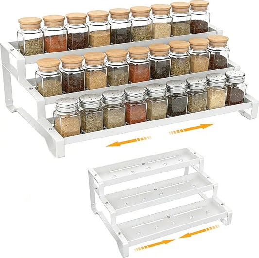 Spice Rack Organizer for Cabinet, 13-21.5" Expandable Spicy Shelf | 9.45" Depth 3-Tier White Metal Seasoning Organizer, Kitchen Spice Organization, Slip-Resistant Guardrails for Jars and Cans by PEEKUP