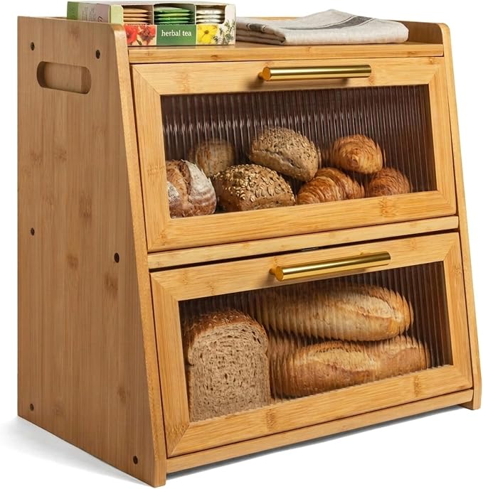 Extra Large Bamboo Bread Box for Kitchen Countertop, Double Layer Wooden Breadbox Holds Multiple Loaves of Homemade Bread, 16.5 Inch Storage Container with Frosted Acrylic Windows by GennuaKitchen