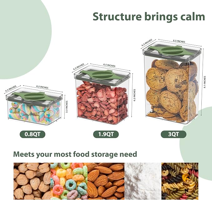 Leakproof Food Storage Container Set with Twist-Lock Lids, 3-Pack BPA-Free Stackable Pantry Canisters for Sugar, Flour, Pasta, Snacks(0.8qt (3.2 Cup), 1.9qt (7.6 Cup), 3qt (12 Cup)- Green - Image 3