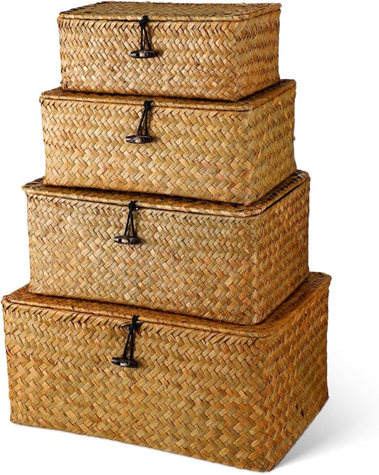 Woanger Set of 4 Wicker Baskets with Lids, Nautral Seagrass Storage Baskets, Woven Rectangular Basket Bins, Rattan Storage Organizer for Shelf Closet Bedroom(Orange) by Woanger