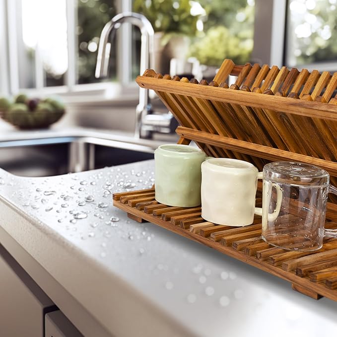 Utoplike Teak Dish Drying Rack Collapsible, Large Dishes Draine 3 Tier | Foldable Large Capacity Dish Draine, Space-Saving Countertop Kitchen Organizer for Plates, Cups - Image 4