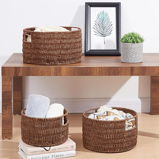 Wicker Storage Basket, Hand-Woven Paper Rope Large Round Woven Basket With Handles, Wicker Baskets for Organizing/Storage, Brown, 3-Pack - Image 6