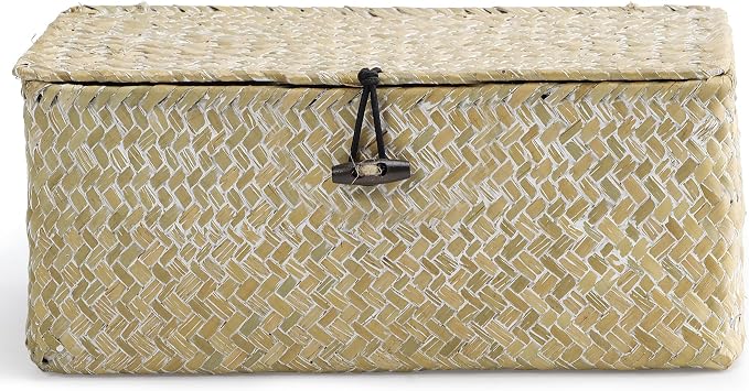 Nonam Small Basket with Lid, Natural Seagrass Bin with Lid, Shelf Baskets Multipurpose Container for Boho Decoration, Rectangular Household Storage Boxes for Home Organization-White - Image 2