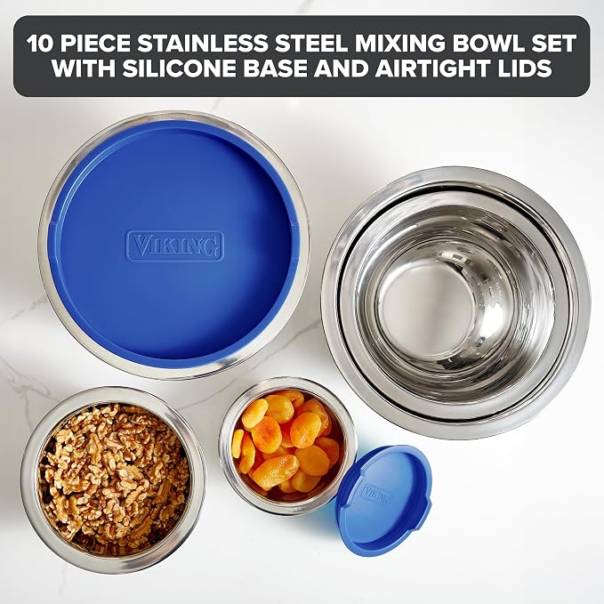Viking Mixing Bowls Set, 10 Piece Stainless Steel Kitchen Cookware, Non-Slip Silicone Base, Includes Tight Fit Lids, Dishwasher Safe, Blue - Image 2