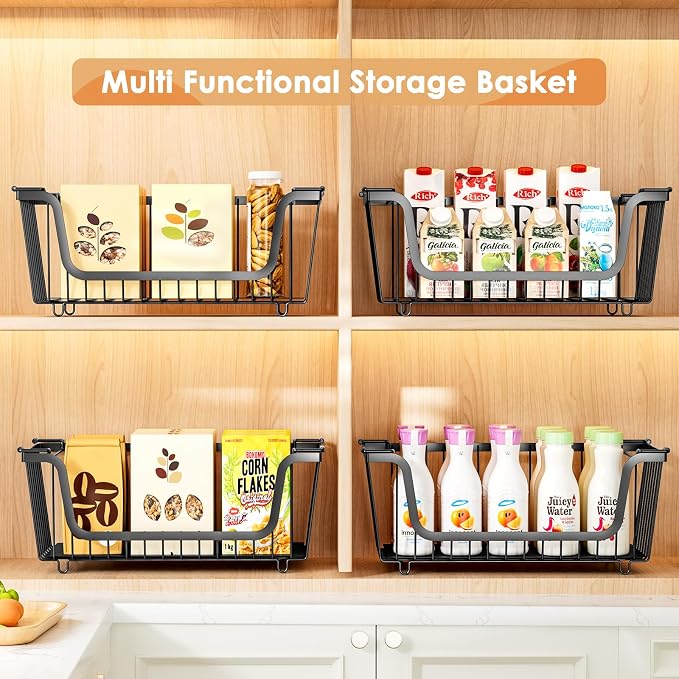 4 Pcs Stackable Wire Baskets for Pantry Organizers and Storage, Black | Metal Baskets with Handles,Produce Potato Onion Storage Bin,Vegetable Fruit Basket for Countertop, Kitchen Storage - Image 6