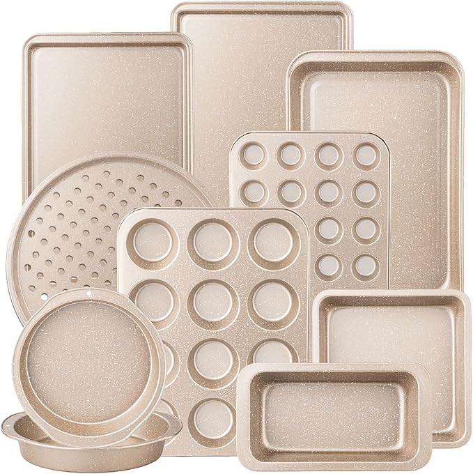 Terlulu 10-Piece Baking Pans Set, Bakeware Sets Nonstick, Baking Set for Oven Cooking, Stackable Carbon Steel Pans Include Cookie Sheets, Muffin Pan, Cake Pan, Pizza Pan, Loaf Pan, Roasting Pan, Gold by Terlulu
