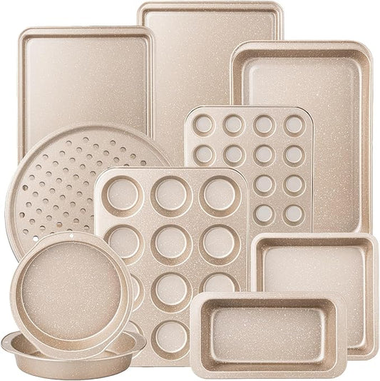 Terlulu 10-Piece Baking Pans Set, Bakeware Sets Nonstick, Baking Set for Oven Cooking, Stackable Carbon Steel Pans Include Cookie Sheets, Muffin Pan, Cake Pan, Pizza Pan, Loaf Pan, Roasting Pan, Gold by Terlulu