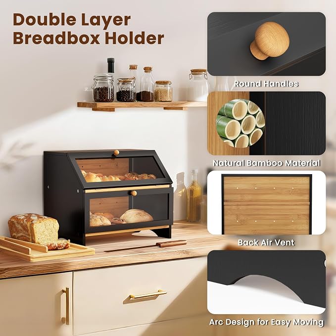 MAISONPEX Double Layer Bamboo Bread Box for Kitchen Countertop, Large Capacity, Cutting Board, Stainless Steel Bread Knife, Double Layer Storage Container with Clear Windows, Black - Image 4