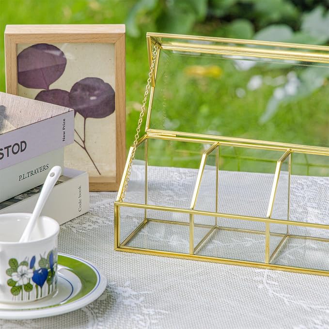 NCYP Glass Tea Bags Organizer with 5 Grids Compartments, Indoor Counter Top Brass Display Case with Lid, Storage Box, Gold, Decor, Teabag Storage, 14.5 x 3.6 x 3.66 Inches (Glass Box Only) - Image 7