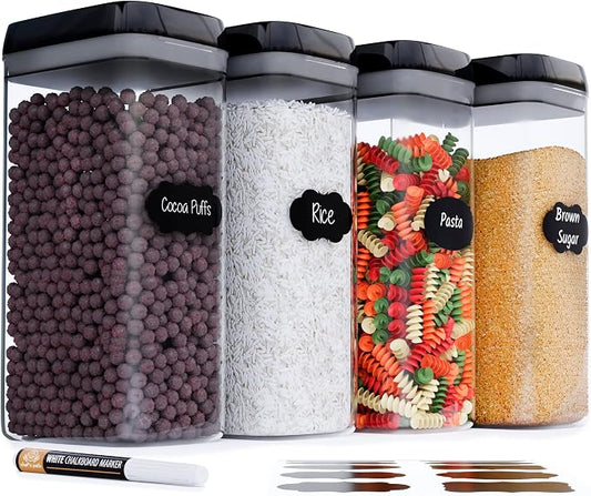Chef's Path Airtight Food Storage Boxes with Labels - Kitchen Storage - Flour, Cereal, Pasta - Plastic Storage Boxes with Lids (4pcs-3.2L) by ChefsPath