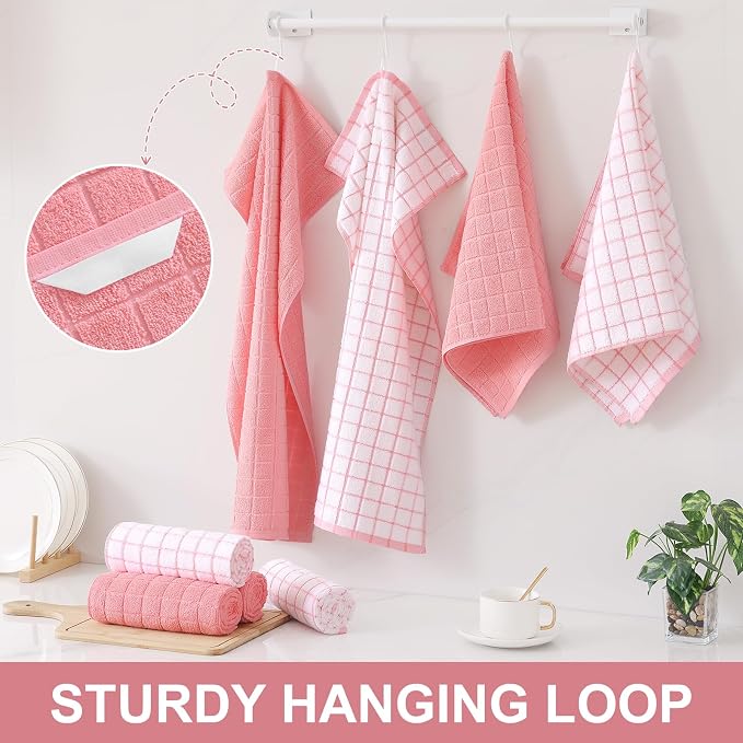 Homaxy Premium Ring Spun Cotton 390 GSM Kitchen Towels, 6 Pack, Pink | 16" x 28" Large Dish Towels, Super Absorbent Terry Hand Towels, Soft Tea Towels with Hanging Loops - Image 6