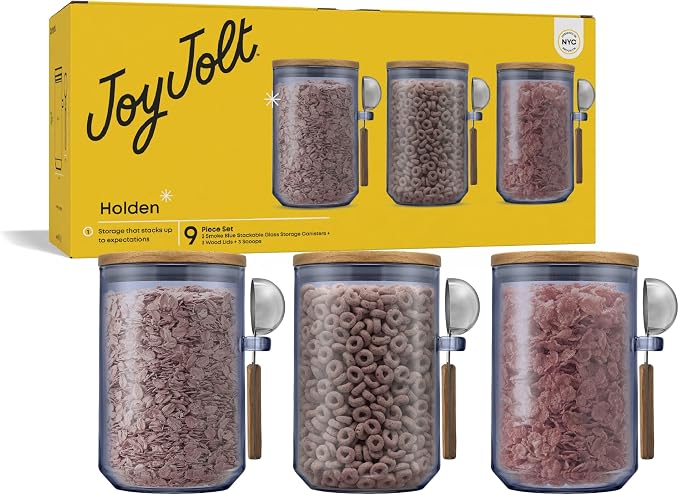 JoyJolt Holden 32oz Stackable Glass Storage Containers with Lids and Scoops, Airtight Food Canister Set of 3 w/Acacia Wood Lids, Round Stacking Pantry and Kitchen Containers w/Scoop | Smoke Blue - Image 9