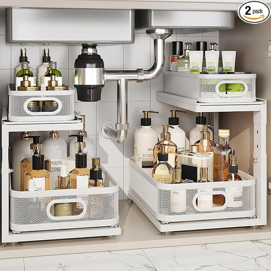 2 Pack Under Sink Organizer With Next-Gen Ball-Bearing Slides,2-Tier Precision Mesh Pull Out Cabinet Drawers Storage for Bathroom&Kitchen,Height Adjustable Shelf,Rust-resistant-Patent Pending by Corbyles