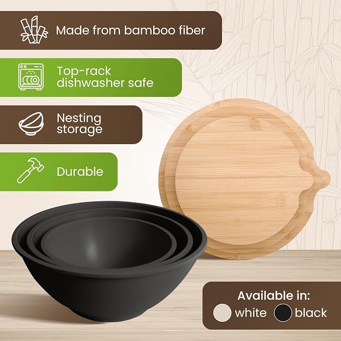 Bamboo Eco Salad Bowl Set - Set of 3 Salad Bowls Large with Seal Lid & Serving Utensils - Bamboo Fiber Bowl Set Perfect for Mixing, Serving, and Storage - Midnight Black - Image 3