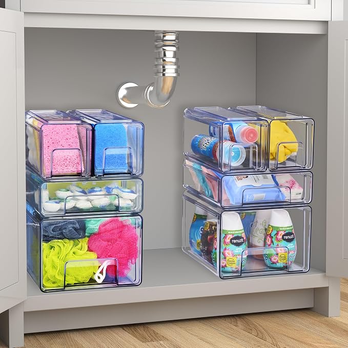 Sorbus Clear Stackable Storage Drawers, 4-Piece Set 1 Large, 1 Medium & 2 Small Pull-Out Plastic Organizer Bins with Handles for Bathroom, Closet, Pantry, Cabinet & Medicine Storage - Image 6