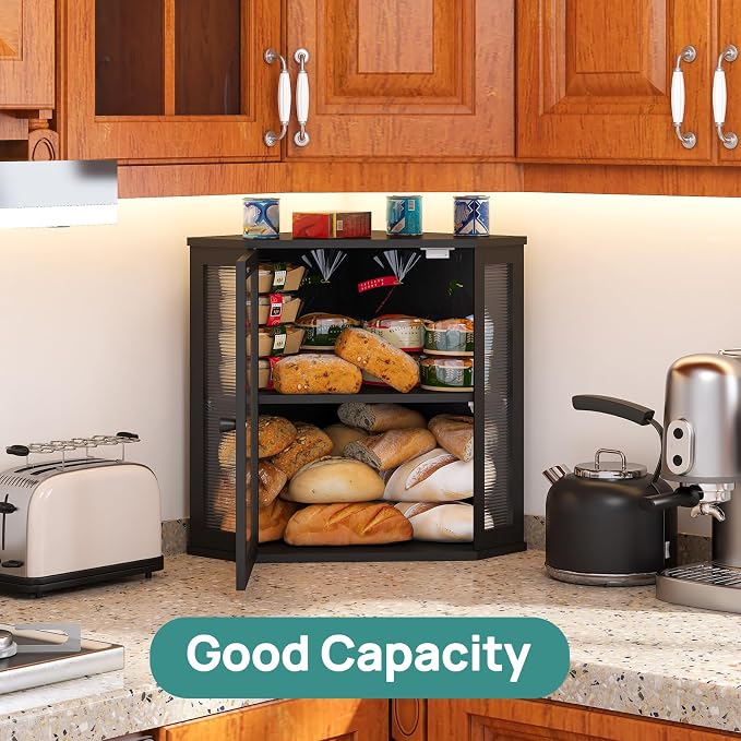 viewcare Corner Bread Box for Kitchen Counter, Bamboo Wood Large Capacity Bread Storage Bin with Acrylic Wavy Door Panel (Black, Extra Large) - Image 6