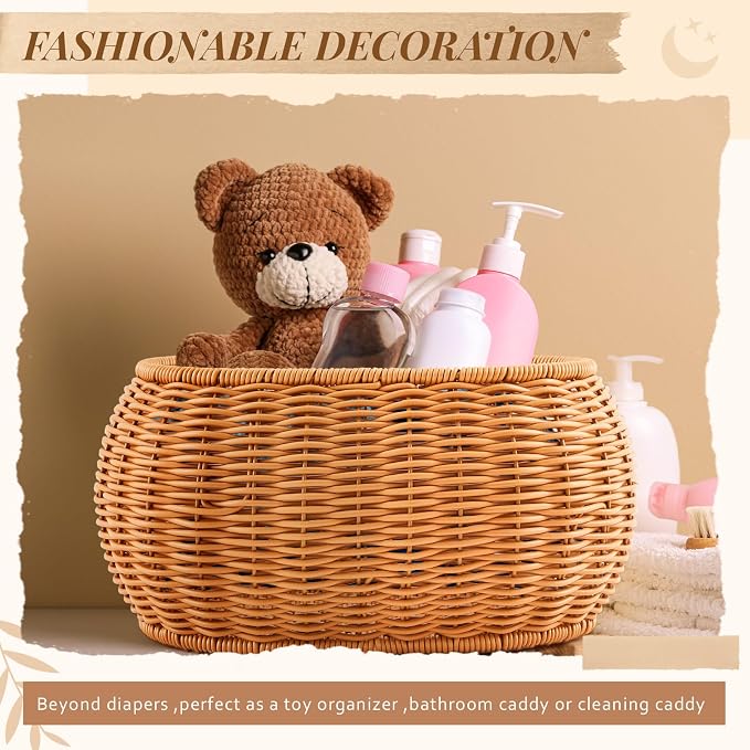 3 Pcs Scalloped Rattan Baskets, Baby Diaper Caddy, Imitation Woven Rattan Wicker Storage Baskets Plastic with Lid for Nursery Storage Organizer Bathroom Decor (Dark Brown,Small,Medium,Large) - Image 7