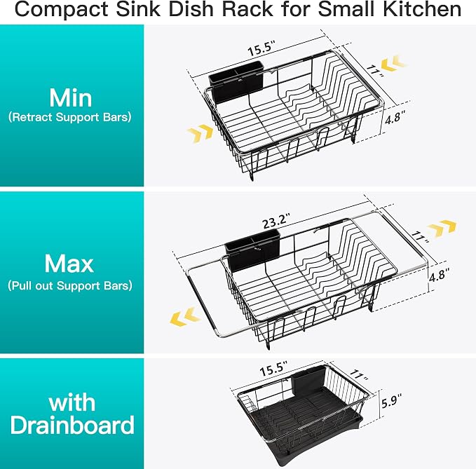 JASIWAY Black Dish Drying Rack in Sink with Drainboard and Utensil Holder | Use Over the Sink or Counter, Stainless Steel Expandable Dish Drainer for Small Kitchen, Space Saving, Fast Drain, Rustproof - Image 6