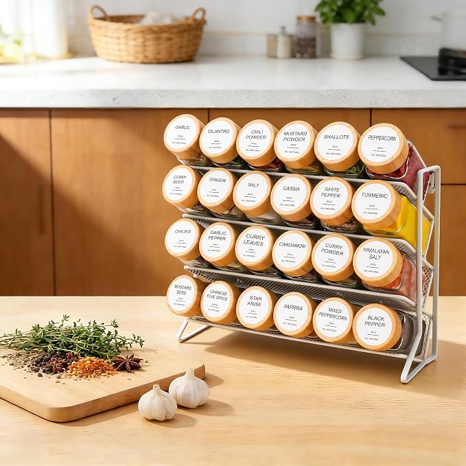 Spice Rack Organizer with Spice Jars & Labels for Countertop & Cabinet | 4-Tier Metal Spice Rack Organizer, 4 fl oz 24 Spice Jars with Bamboo Airtight Lids, 398 Labels for Kitchen Cabinet & Pantry - Image 4