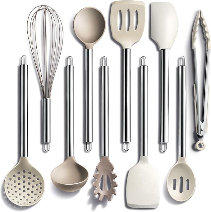 COOK WITH COLOR Silicone Cooking Utensils, Kitchen Utensil Set, Easy to Clean Silicone Kitchen Utensils, Cooking Utensils for Nonstick Cookware, Kitchen Gadgets Set, 10 Pieces, Brown by CookwithColor