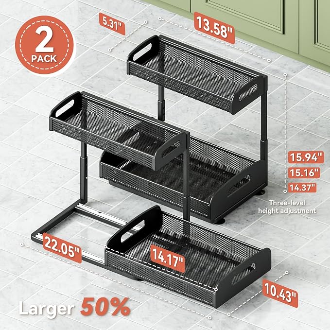 2 Pack Under Sink Organizer, 2 Tier Height Adjustable Kitchen Cabinet Organizer, Pull Out Metal Cabinet Shelf Organizer, Under the Sink Organizers and Storage for Kitchen & Bathroom, Black - Image 3