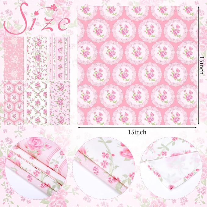 24 Pcs Floral Cloth Napkins 6 Patterns Washable Dinner Tea Party Napkins Reusable Plant Flowers Square Napkin Cotton Towel Decorative for Summer Wildflower Party(Pink Flowers) - Image 2