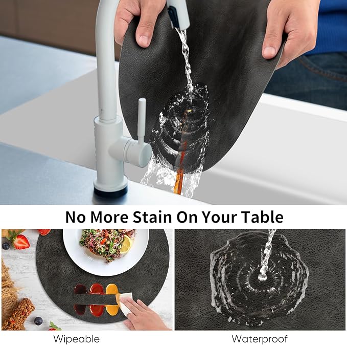 ADRIMER Placemats, Heat Resistant Round Placemats Set of 8 Washable, Waterproof Table Mats, Wipeable Faux Leather Place Mats for Kitchen, Dining Room, Dark Grey - Image 5
