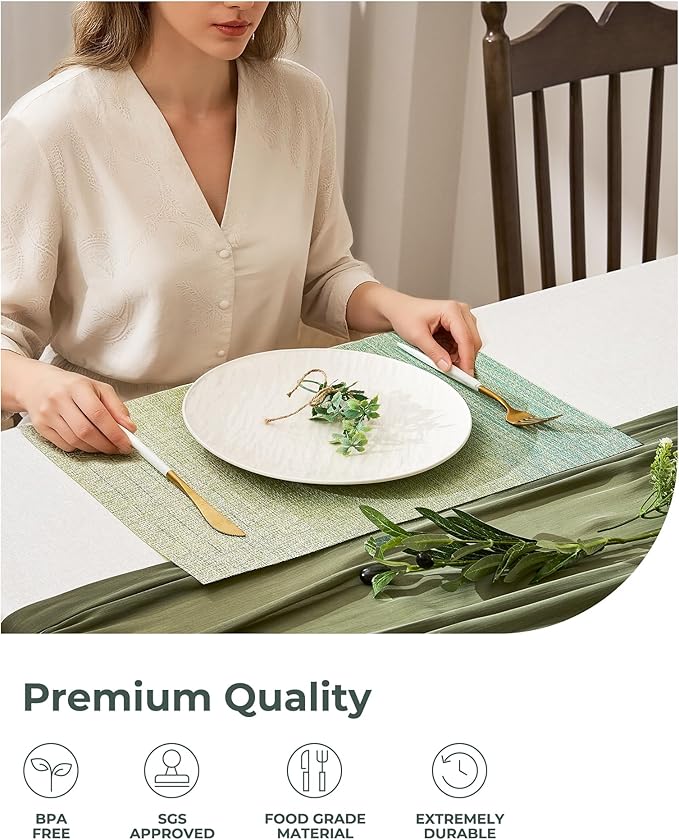 Leetaltree Gradient Green Woven Placemats Set of 8 - Heat Resistant Non-Slip Place mats for Dining Table, Washable Durable PVC Vinyl Woven Table Mats(Gradient Green, 8) - Image 6