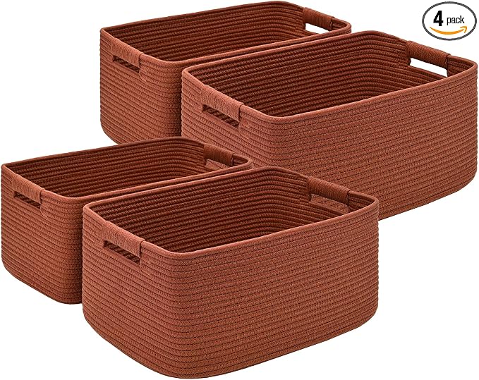 4 Pack Large Storage Basket for Organizing, 17.5"x13"x7" Woven Basket for Shelves, Closet Cube Storage Bins with Wrapped Handle, Cotton Rope Baskets for Kitchen, Clothes, Toys(Oxide Red) by Degeyoyo