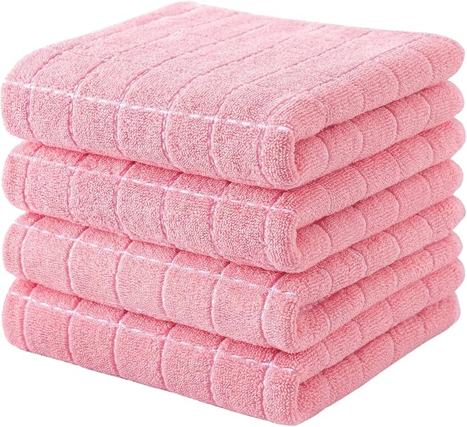 Kitinjoy 100% Cotton Terry Kitchen Towels, 13”x 28”, 4-Pack, Pink | Checkered Designed, Ultra Soft Absorbent Quick Drying Dish Towels by Kitinjoy