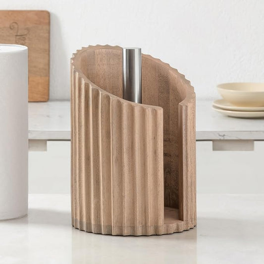 Anji Mountain Wooden Paper Towel Holder with Metal Holder, Holder Stand for Kitchen Roll Organizer & Kitchen Dining Table Home Décor, Countertop Fits Jumbo & Mega Rolls - Biscotti/Nickel, Fluted by AnjiMountain