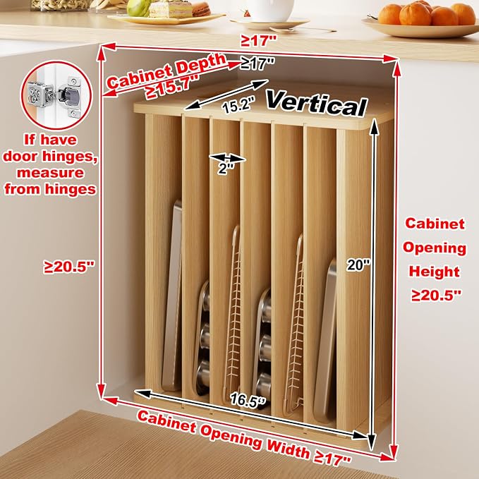 7 Tier Wooden Tray Dividers for Cabinets Cookie Sheet Organizer for Pot, Pans, Baking Tray Organizer for Kitchen Documents Storage(20" W x 16.5" H x 15.2" D) - Image 2