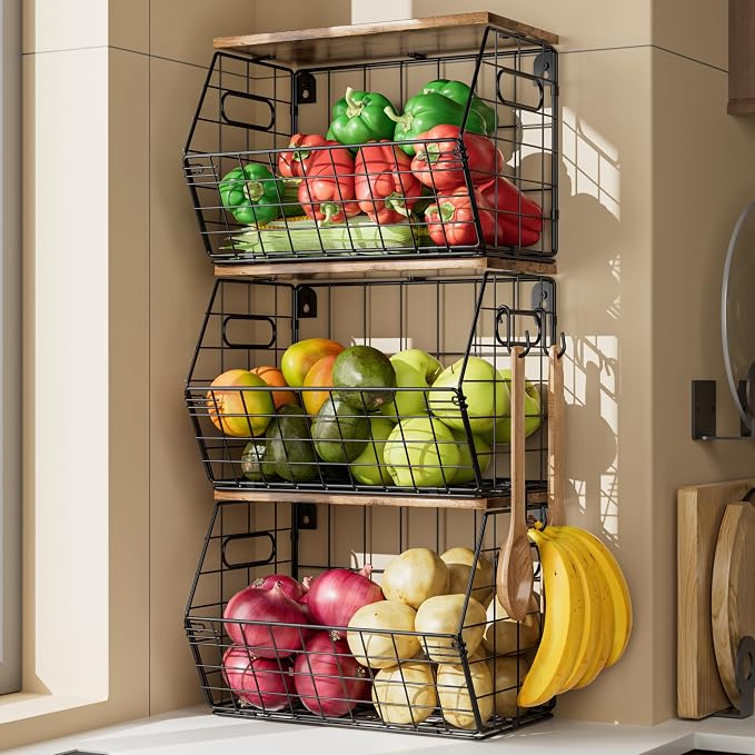 Delamu Stackable Metal Fruit Basket with Wood Lid 3 Pack, Hanging Wall Organizer for Kitchen Counter, Pantry Storage for Onions, Potatoes, Garli, Fruits, Spices, Black - Image 2