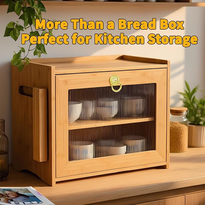 Large Bamboo Bread Box With Tempered Glass Door, Double Layer, Circle Ring | Double Layer Storage, Countertop Organizer, Bamboo Material, Tempered Glass Door, Large Capacity - Image 6
