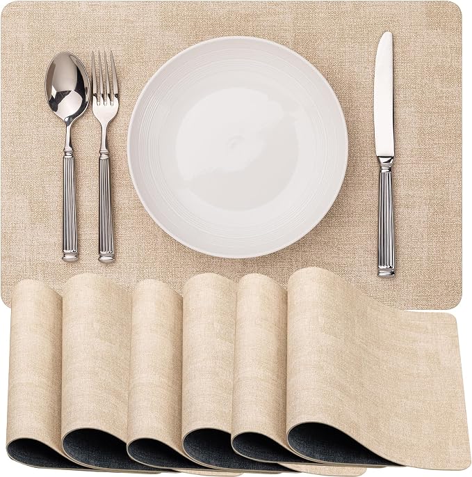 Baroyal Faux Leather Placemats Set of 6 Vinyl Washable Wipeable Table Mats for Kitchen Dining Table Heat Resistant Waterproof Modern Indoor/Outdoor Placemats Non-Slip Easy Clean Place Mats (Beige) by BAROYAL