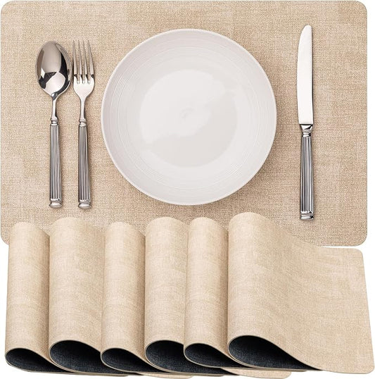 Baroyal Faux Leather Placemats Set of 6 Vinyl Washable Wipeable Table Mats for Kitchen Dining Table Heat Resistant Waterproof Modern Indoor/Outdoor Placemats Non-Slip Easy Clean Place Mats (Beige) by BAROYAL