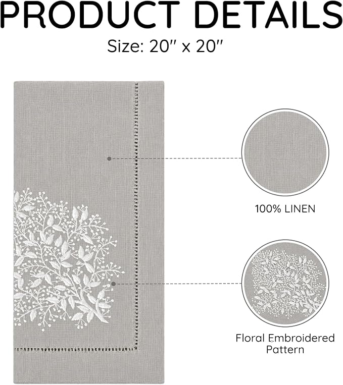 Cloth Napkins Set of 4, 20x20 inch, 100% Linen Hand Embroidered French Knot, Reusable & Machine Washable, Elegant Table Napkins for Dinner, Weddings, Parties (Natural) - Image 3