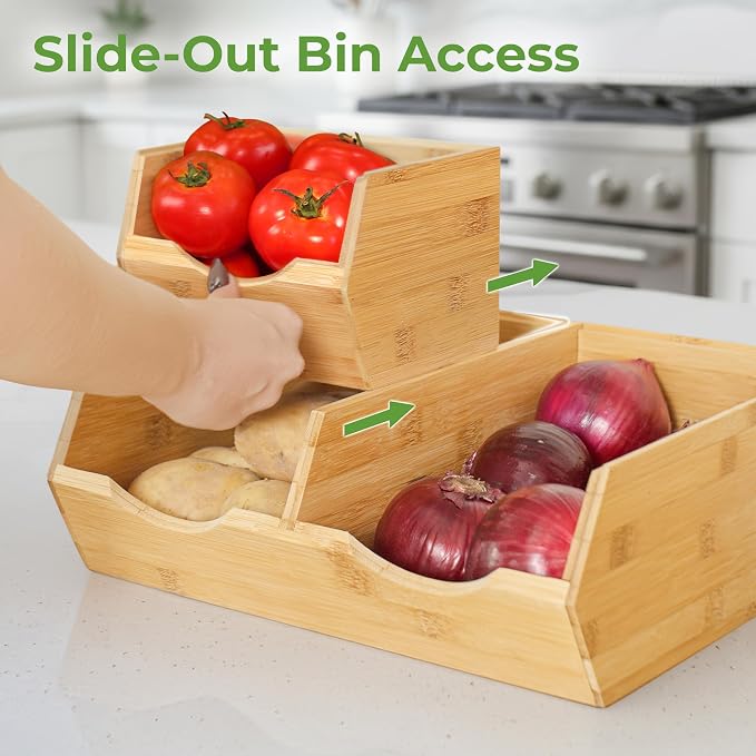 HOMESTEAD Bamboo Pantry Storage Bins – Stackable Potato & Onion Storage Bin for Kitchen Countertop, Pantry Organizer, Fruit Vegetable Basket, Multiuse - Set of 3 Slide-Out Access - Image 5