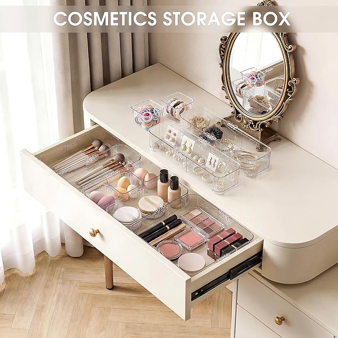 Aneco 20 Pieces Extendable Clear Drawer Organizer Adjustable Vanity Storage Box 4-Size Desk Drawer Divider Acrylic Storage Bins for Makeup, Cosmetic, Jewelries, Bedroom Kitchen Utensils Gadgets - Image 5