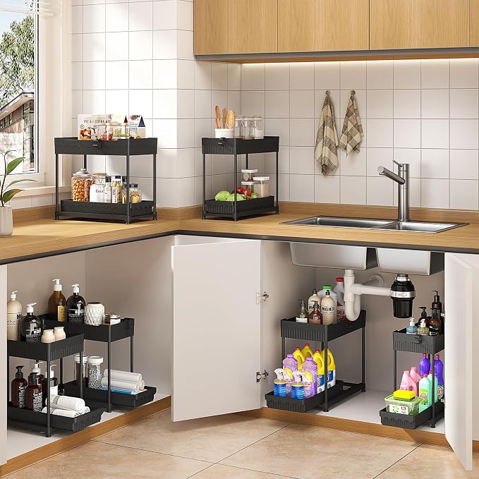 4-Pack 2-Tier Under Sink Organizer with Pull Out Drawers | Multi-use kitchen & bathroom storage. Includes hanging hooks and cups. Black, space-saving cabinet design. - Image 4