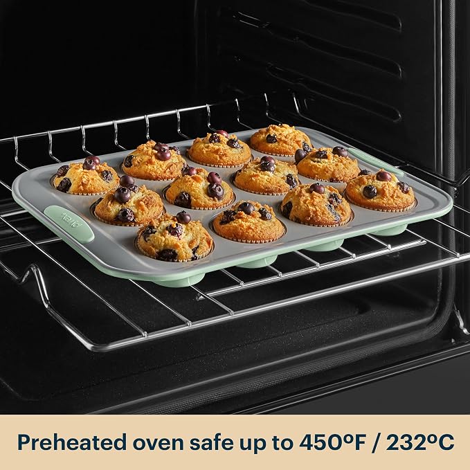 Pyrex 3-Piece Metal Cookie & Muffin Sheet Bakeware Set, Sage | Lightweight stainless steel baking trays with heatsafe silicone handles, made without PFAS, mercury, lead, cadmium & BPA - Image 7