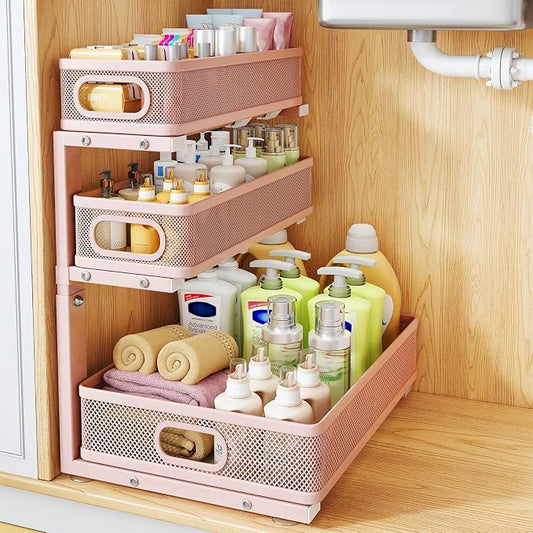 Under Sink Organizer, 3-Tier Thickened Metal Pull out Cabinet Organizer Shelf, Height Adjustable Slide out Storage Drawer Rack for Kitchen Bathroom Pantry Laundry Home Organization, 1-Pack, Pink | 35% Extra Storage Capacity, Carbon Steel, Hold Up 55lbs... by HERJOY