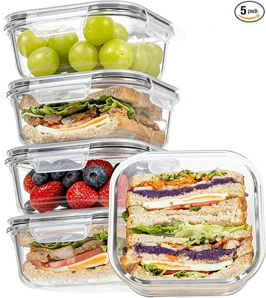 Vtopmart 5Pack 27oz Glass Food Storage Containers with Lids, Grey | Glass Meal Prep Container Sets, Sandwich Containers, Snap Airtight Lid For Microwave, Oven, Freezer and Dishwasher, BPA Free by Vtopmart