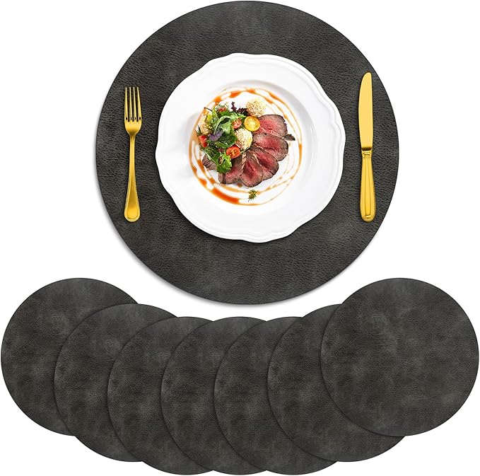 ADRIMER Placemats, Heat Resistant Round Placemats Set of 8 Washable, Waterproof Table Mats, Wipeable Faux Leather Place Mats for Kitchen, Dining Room, Dark Grey by Adrimersdreamistobeanindispensablecompanioninyourlife