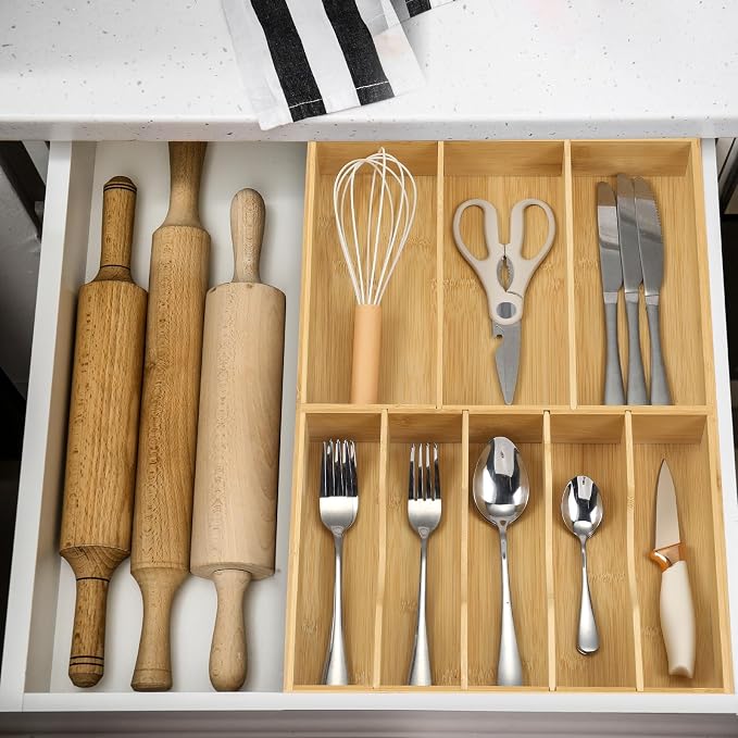 Fabsome Silverware Organizer for Kitchen Drawers, 2.5'' Deep 12.8'' Wide Bamboo Wood Flatware Tray with Deep Slots for Large Cutlery Utensil Drawer - Image 5