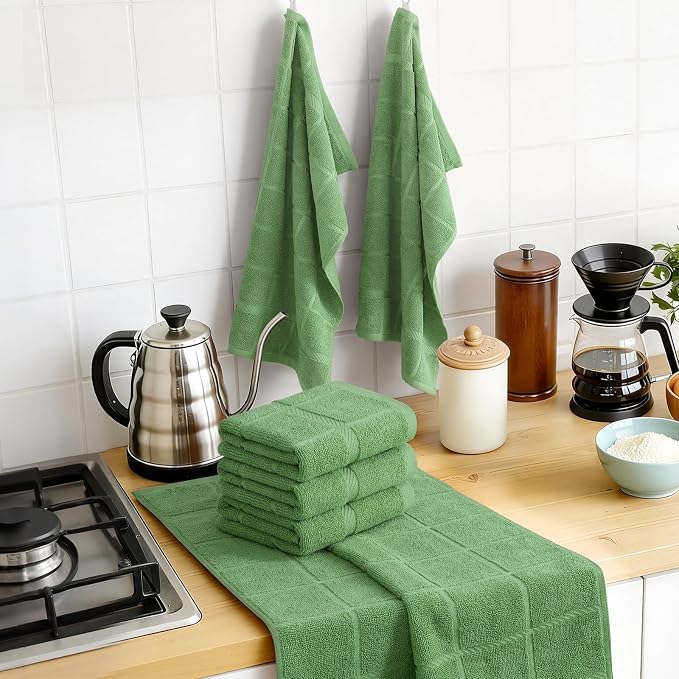 Homaxy 100% Cotton Kitchen Towels 18"x28", 4 Pack Dish Towels, Grass Green | Large 380 GSM Soft and Absorbent Kitchen Hand Towels with Terry Grid Design, Utility Tea Towel Set with Hanging Loop - Image 8