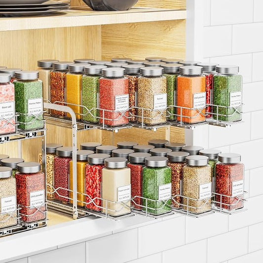 Pull Out Spice Rack,2 Tier Sliding Drawer, Height Adjustable Spice Rack | Chrome, Tape or Screw Mount Available, Fits 4oz Spice Jars Up to 2.0 Inch Diameter for Kitchen Cabinets and Pantry by RCHYFEED