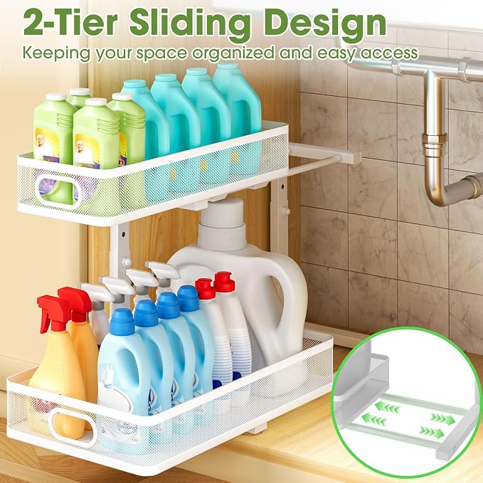 Under Sink Organizer 2-Pack, Metal 2-Tier Pull-Out Cabinet Shelf with Slide-Out Mesh Drawers, Height Adjustable, Space-Saving Under Sink Storage Racks for Kitchen, Bathroom, Laundry Room, White - Image 6